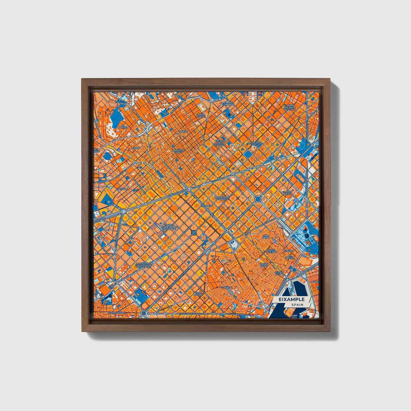 Eixample Spain Colorful City Map Canvas Print • Dark Wooden Framed
