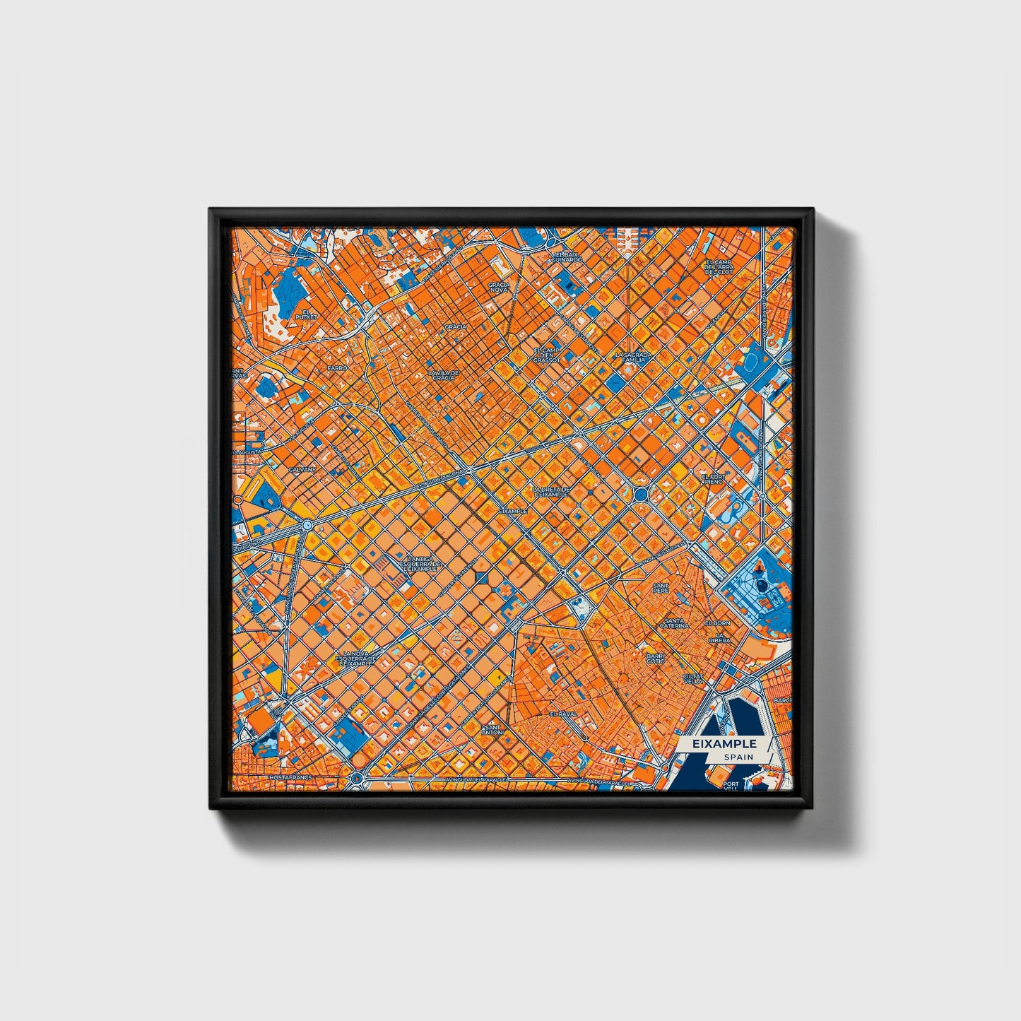 Eixample Spain Colorful City Map Canvas Print • Black Framed