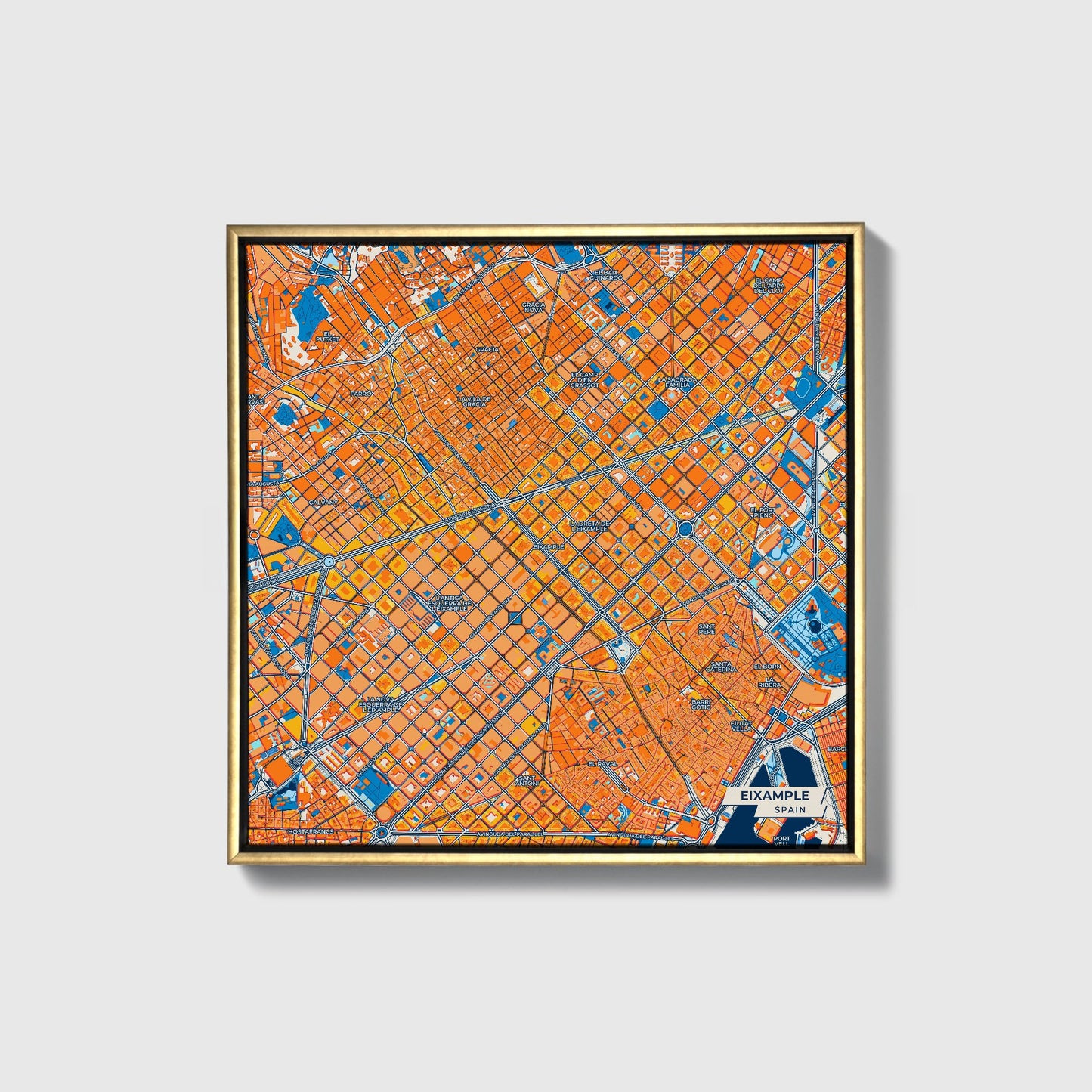 Eixample Spain Colorful City Map Canvas Print • Gold Framed
