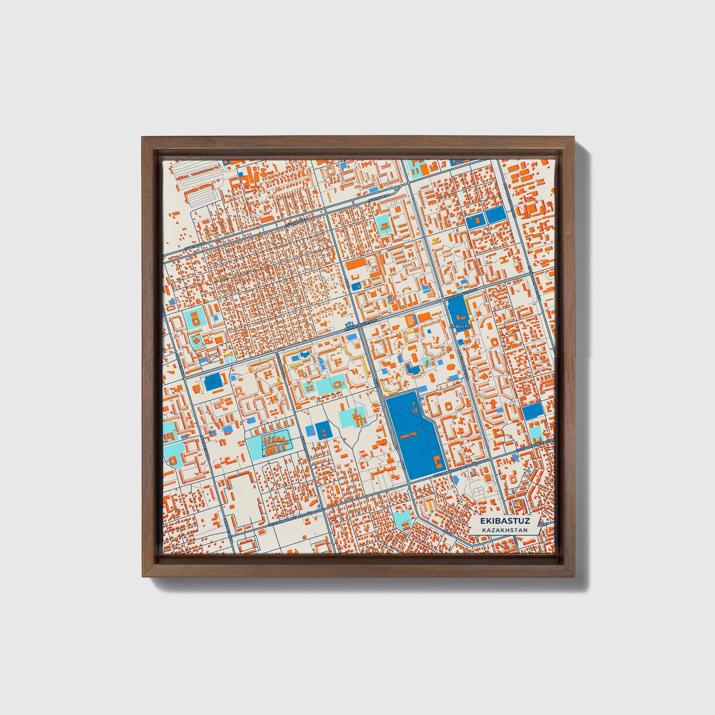 Ekibastuz Kazakhstan Colorful City Map Canvas Print • Dark Wooden Framed