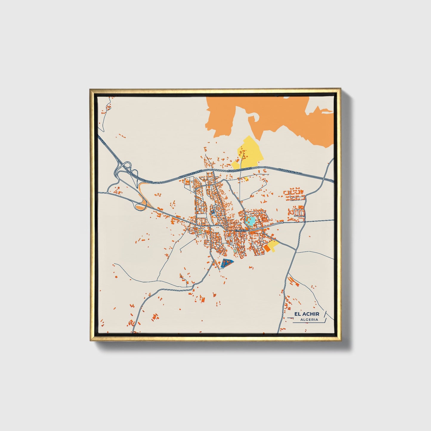 El Achir Algeria Colorful City Map Canvas Print • Gold Framed