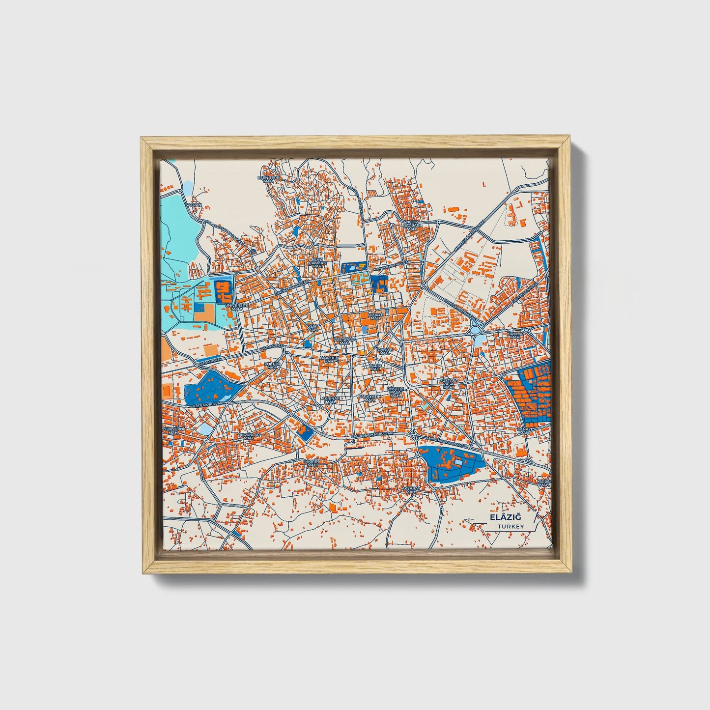 Elaziğ Turkey Colorful City Map Canvas Print • Natural Wooden Framed