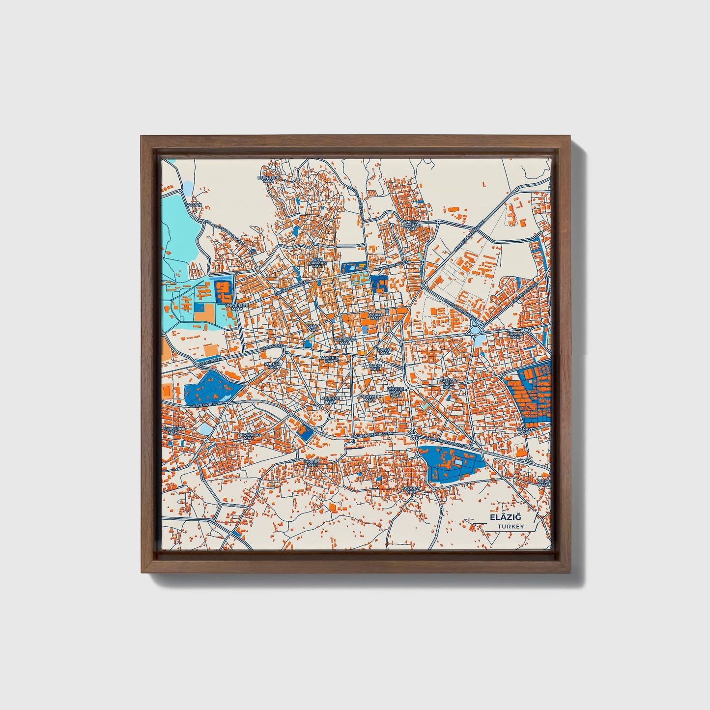 Elaziğ Turkey Colorful City Map Canvas Print • Dark Wooden Framed