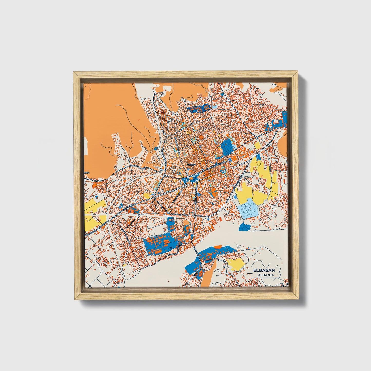 Elbasan Albania Colorful City Map Canvas Print • Natural Wooden Framed
