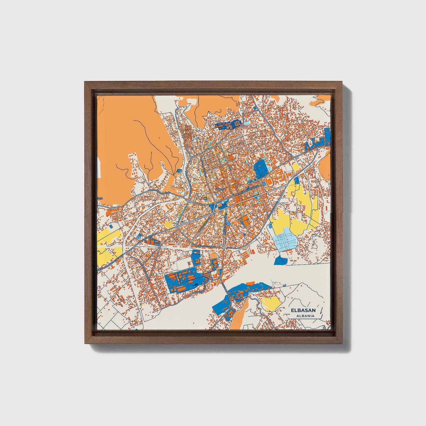 Elbasan Albania Colorful City Map Canvas Print • Dark Wooden Framed