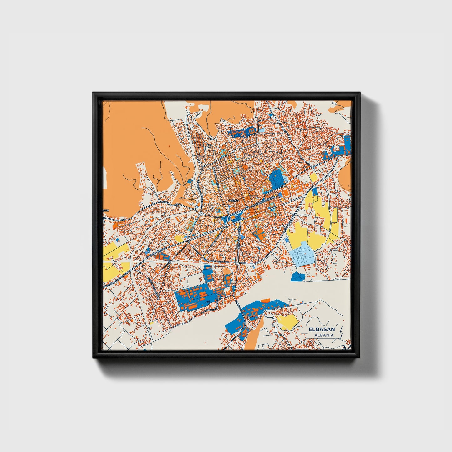 Elbasan Albania Colorful City Map Canvas Print • Black Framed