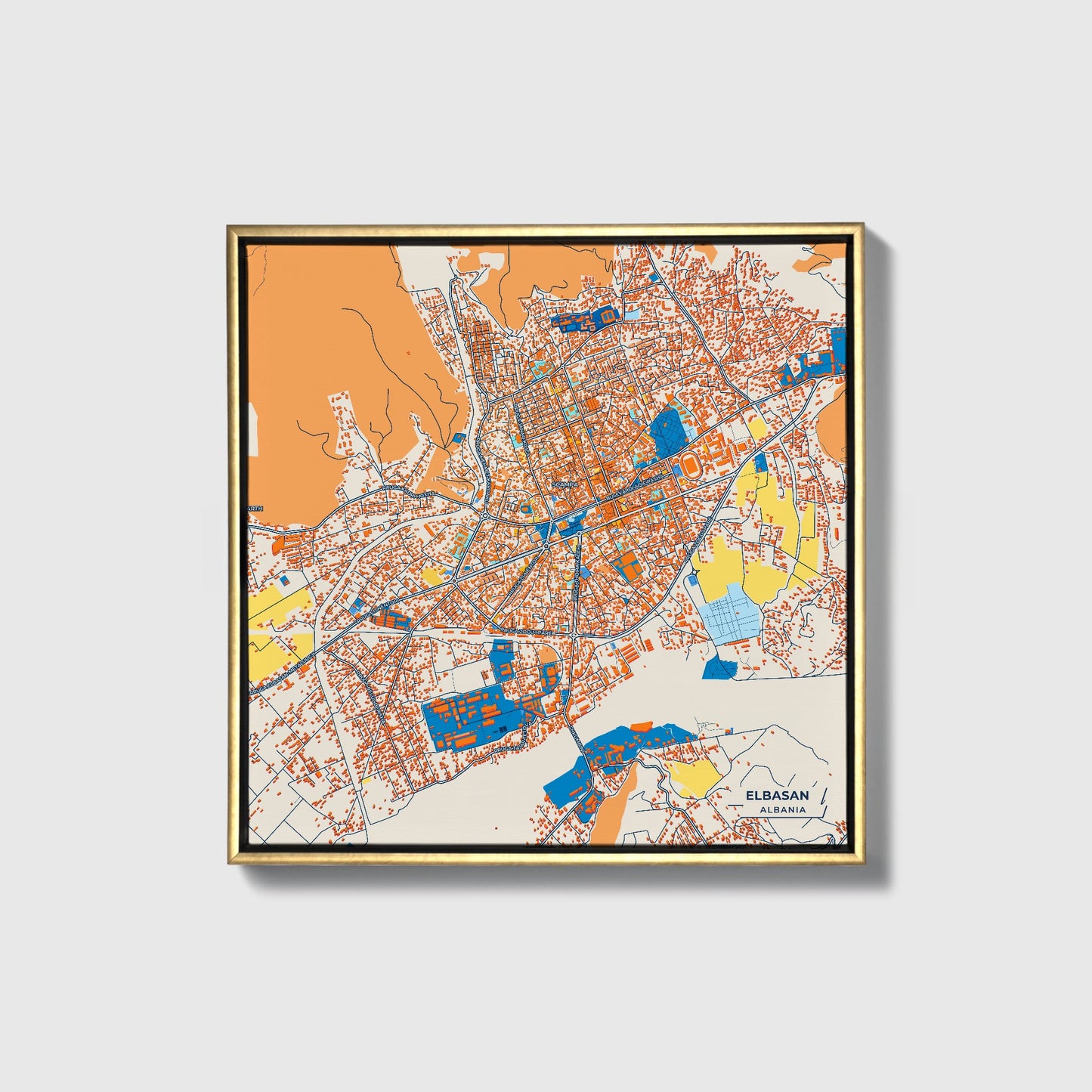 Elbasan Albania Colorful City Map Canvas Print • Gold Framed