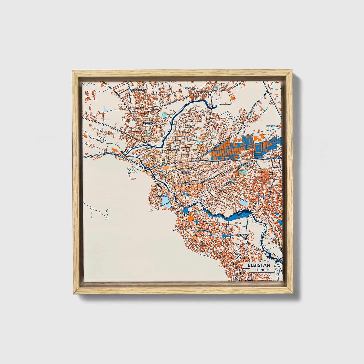 Elbi̇stan Turkey Colorful City Map Canvas Print • Natural Wooden Framed