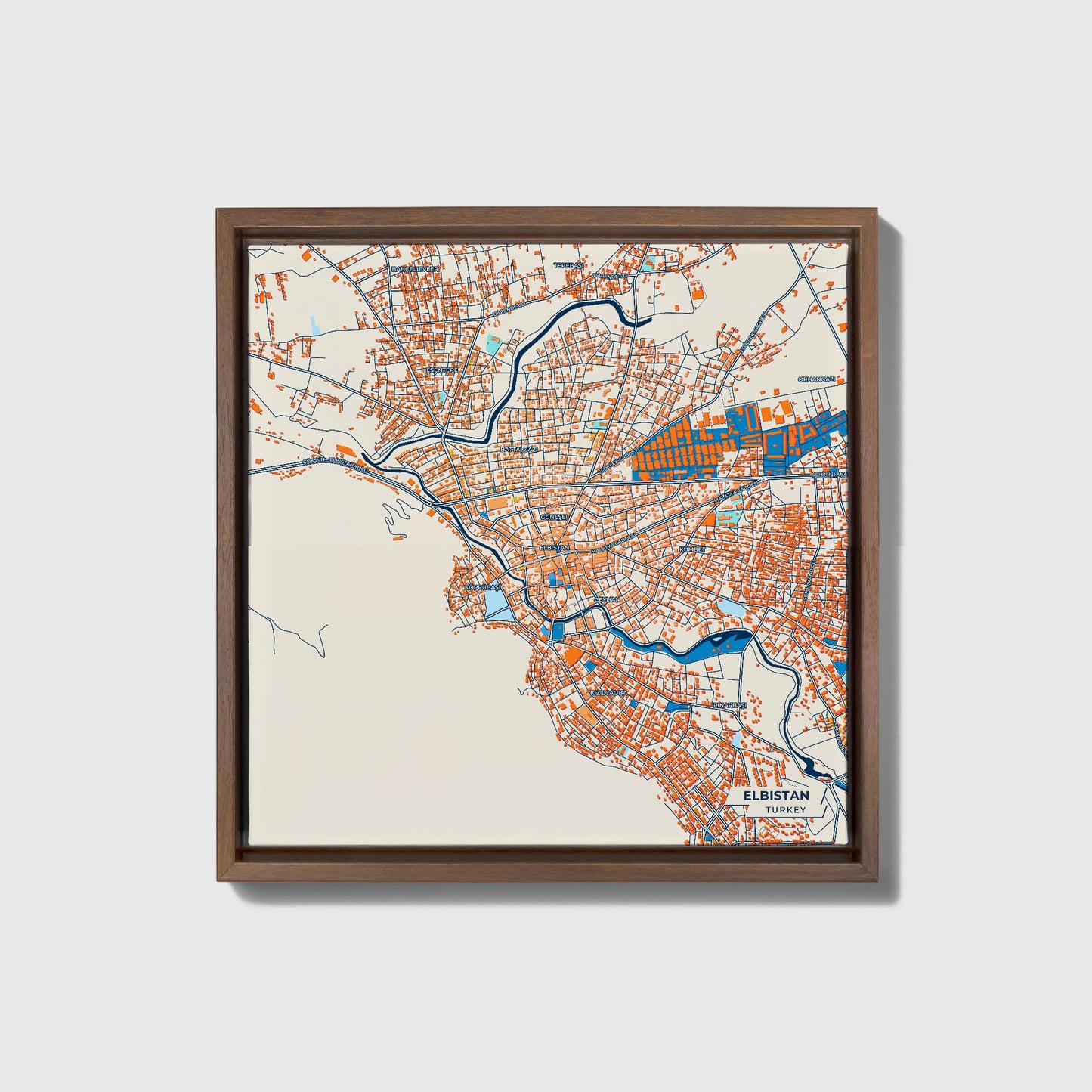 Elbi̇stan Turkey Colorful City Map Canvas Print • Dark Wooden Framed