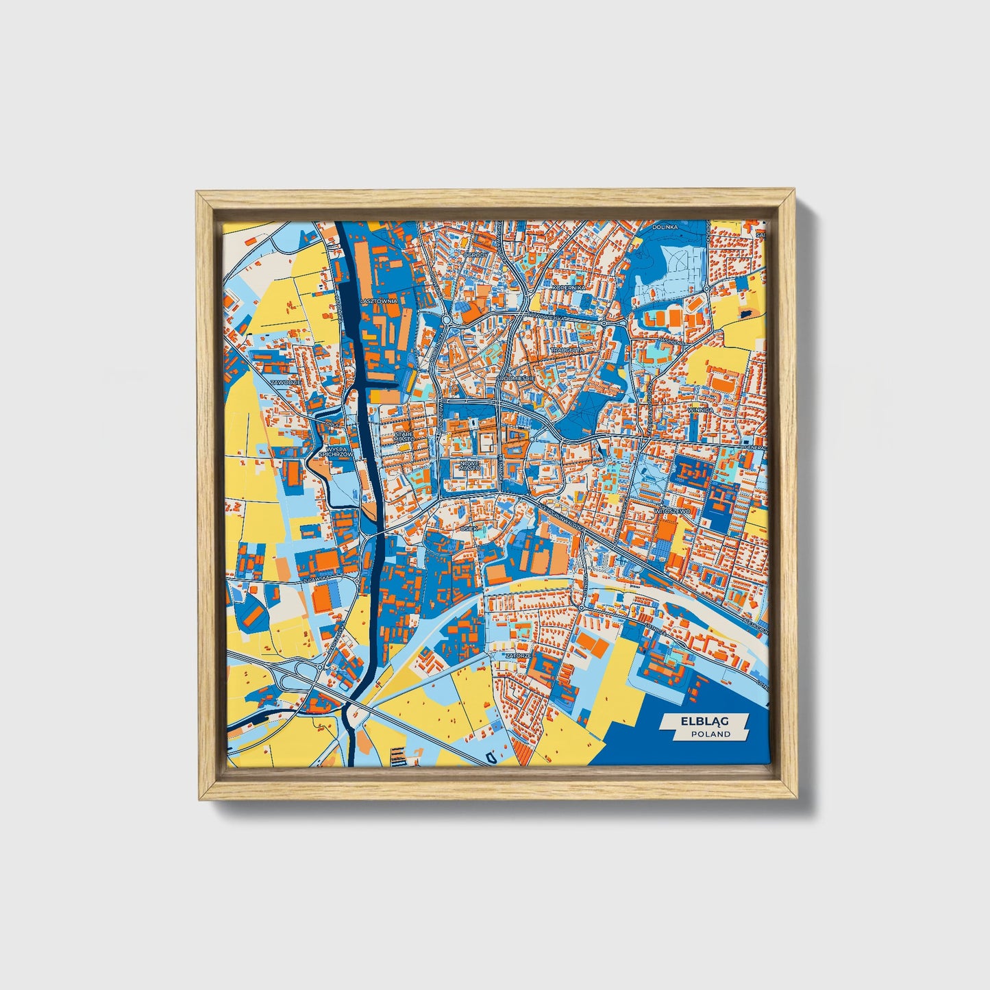 Elbląg Poland Colorful City Map Canvas Print • Natural Wooden Framed