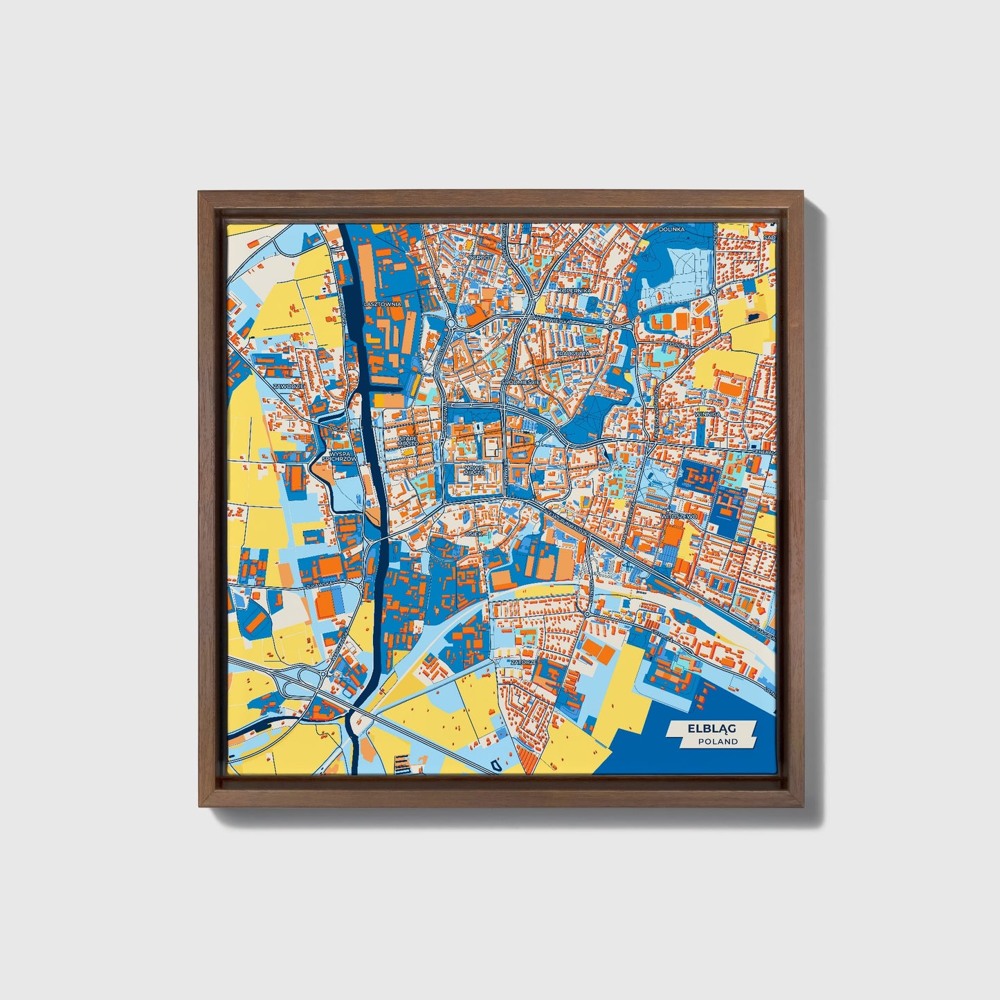 Elbląg Poland Colorful City Map Canvas Print • Dark Wooden Framed