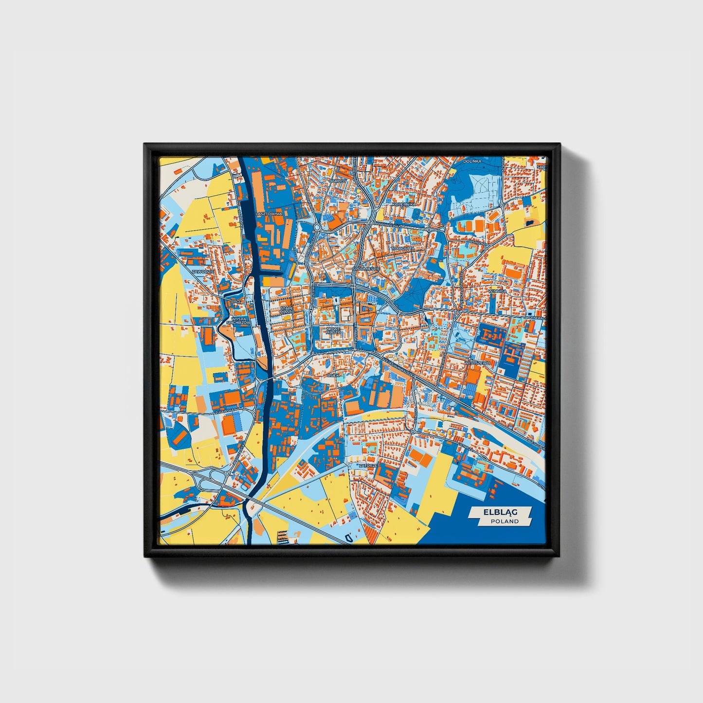 Elbląg Poland Colorful City Map Canvas Print • Black Framed