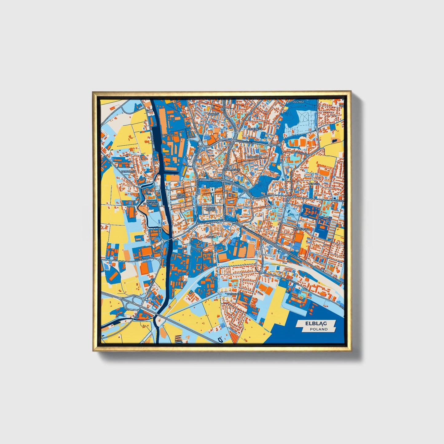 Elbląg Poland Colorful City Map Canvas Print • Gold Framed