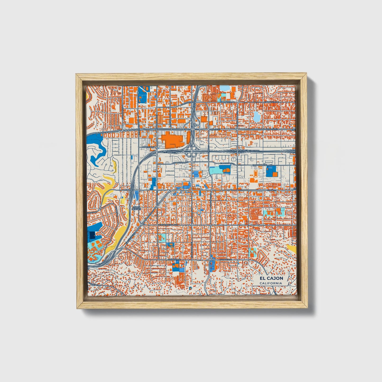 El Cajon California Colorful City Map Canvas Print • Natural Wooden Framed