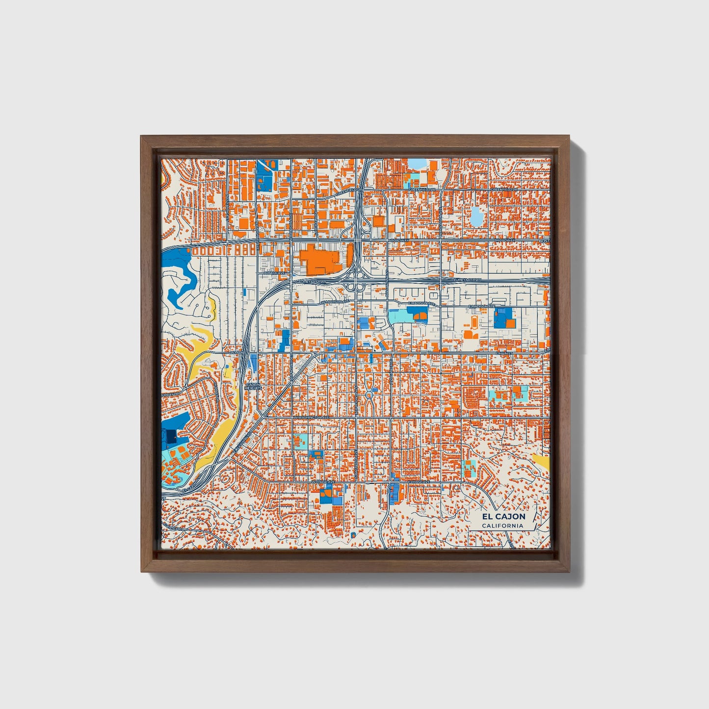 El Cajon California Colorful City Map Canvas Print • Dark Wooden Framed