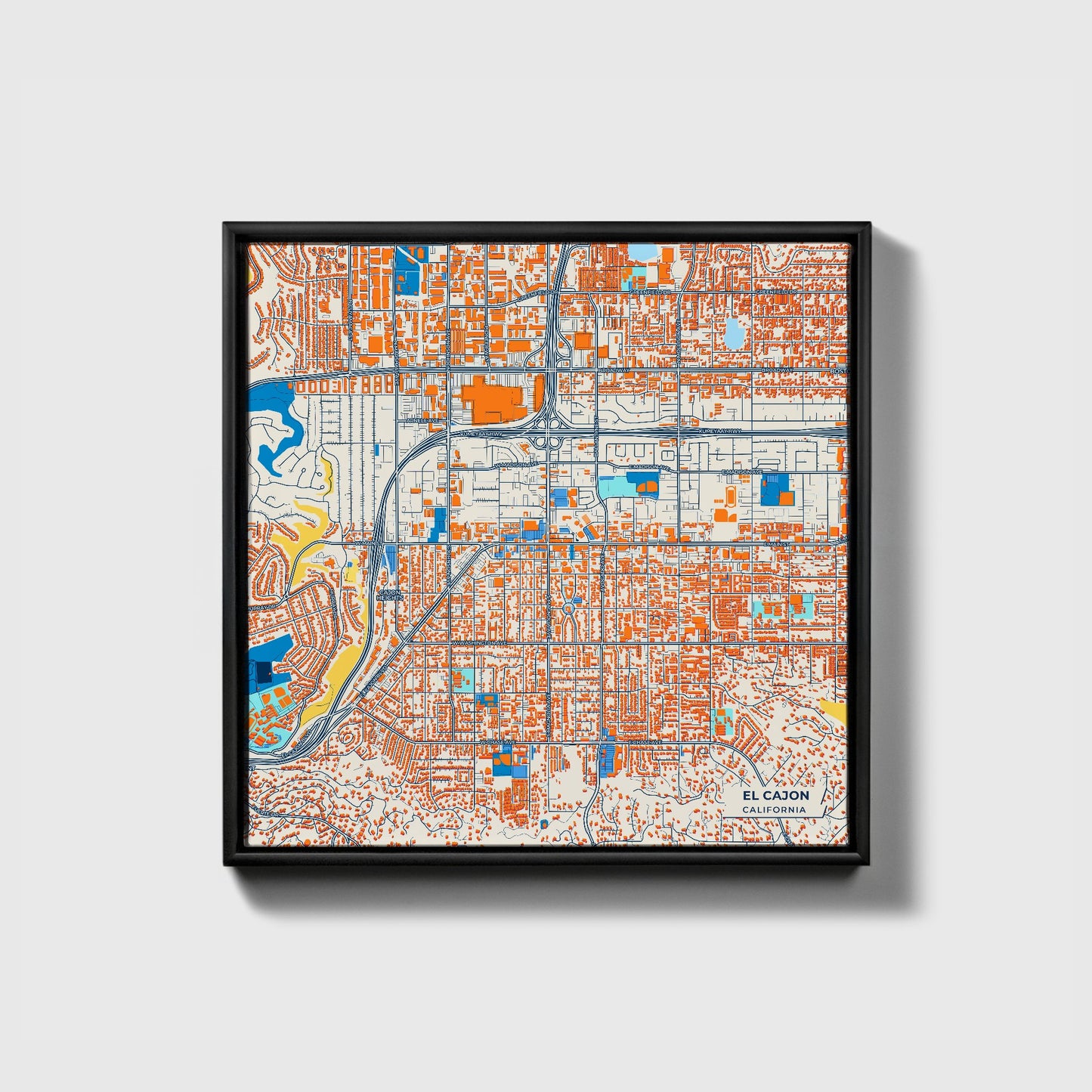 El Cajon California Colorful City Map Canvas Print • Black Framed