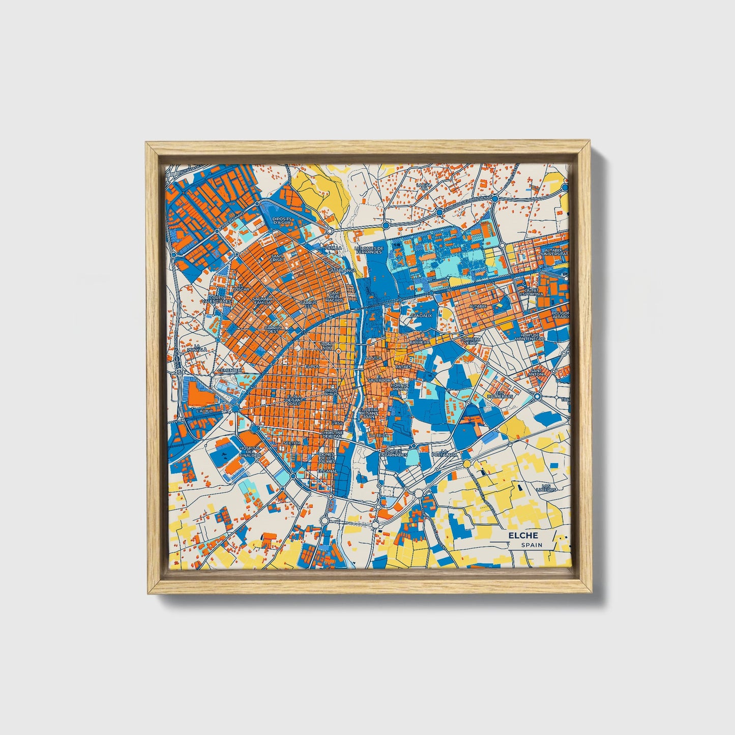 Elche Spain Colorful City Map Canvas Print • Natural Wooden Framed