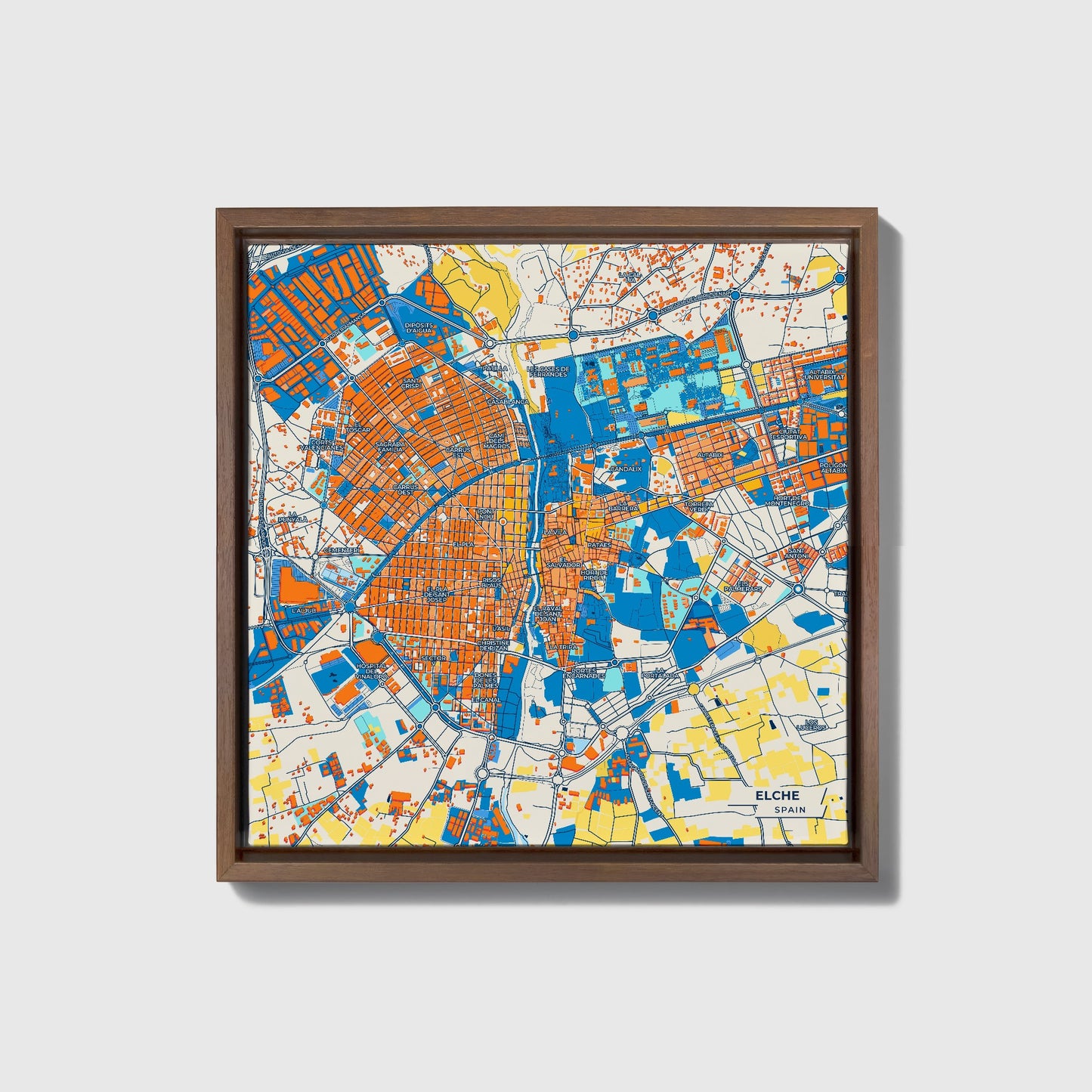 Elche Spain Colorful City Map Canvas Print • Dark Wooden Framed