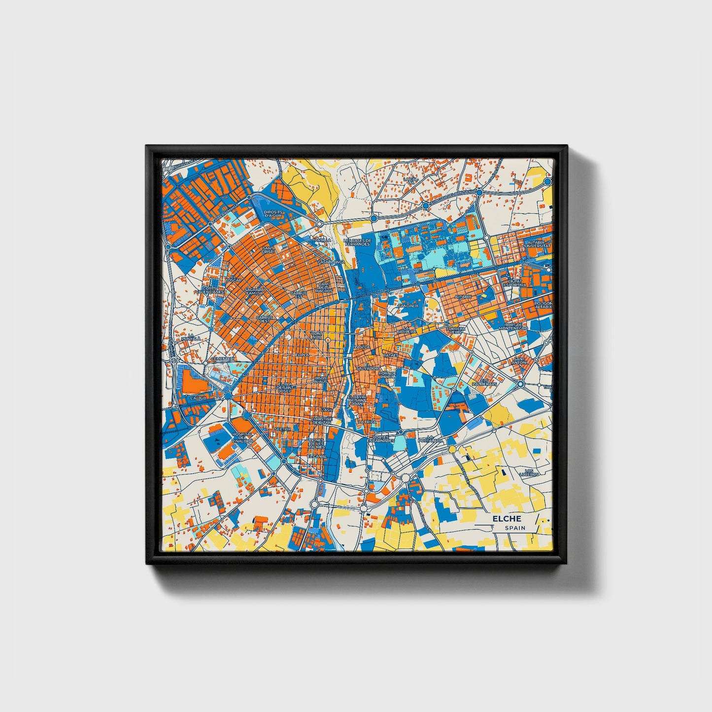 Elche Spain Colorful City Map Canvas Print • Black Framed