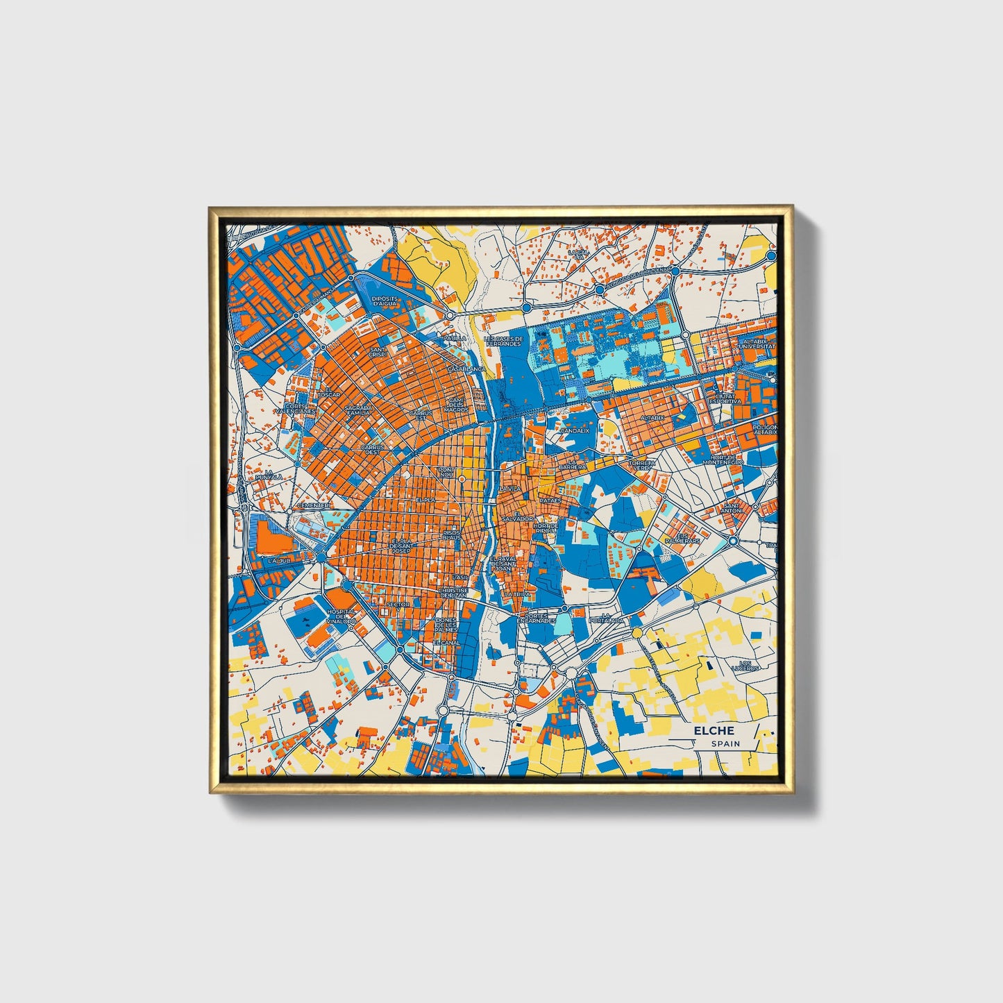 Elche Spain Colorful City Map Canvas Print • Gold Framed