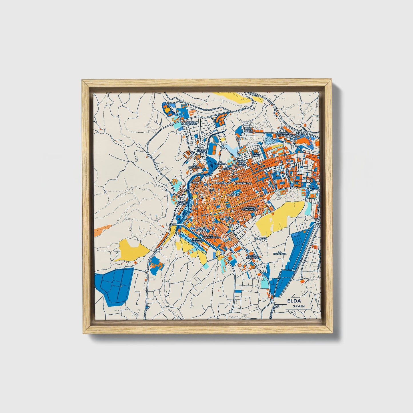 Elda Spain Colorful City Map Canvas Print • Natural Wooden Framed