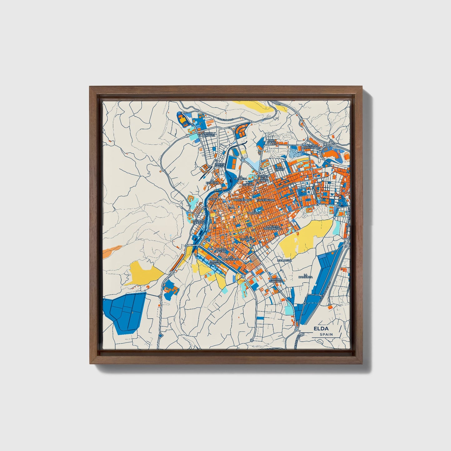 Elda Spain Colorful City Map Canvas Print • Dark Wooden Framed