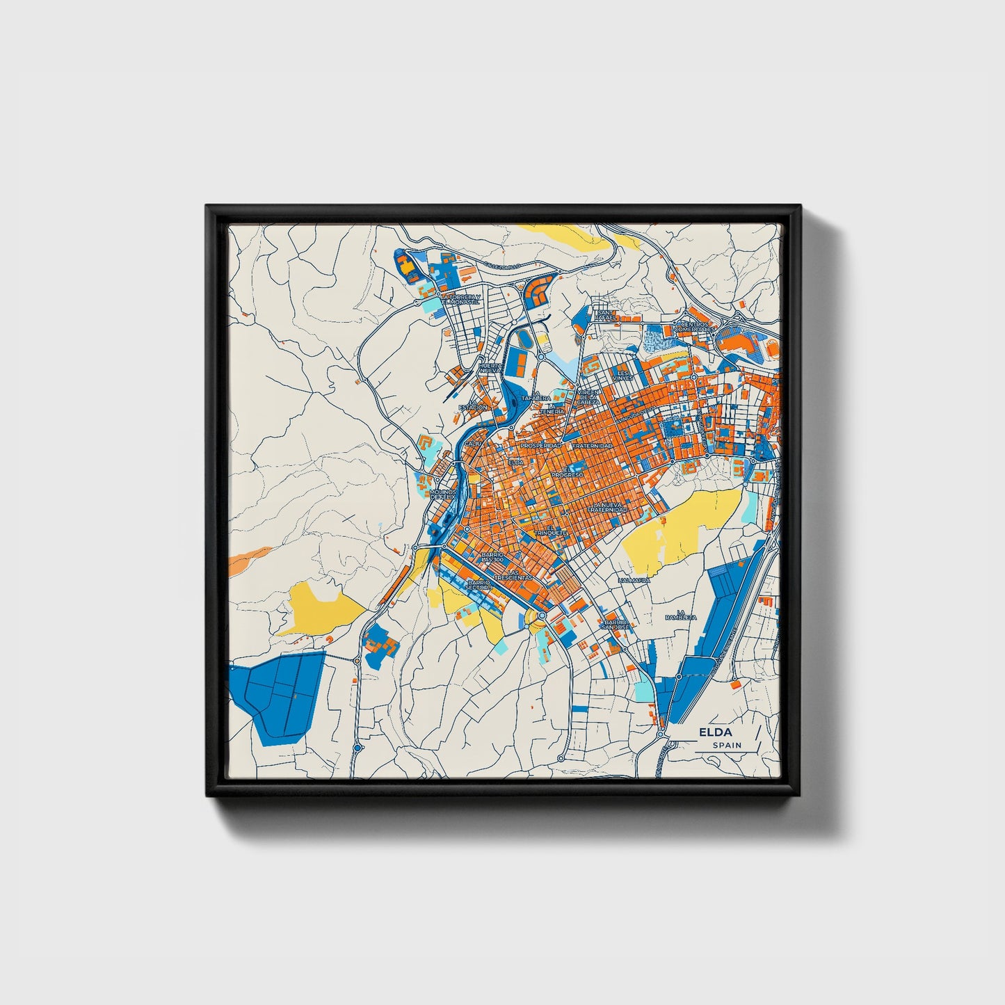 Elda Spain Colorful City Map Canvas Print • Black Framed