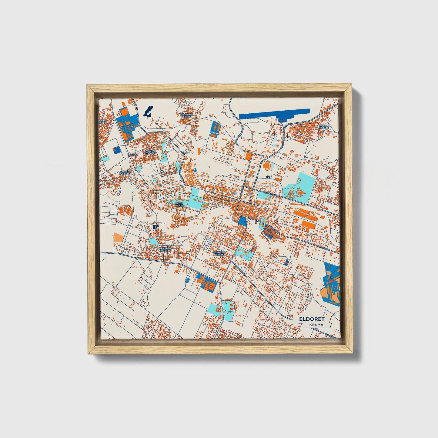 Eldoret Kenya Colorful City Map Canvas Print • Natural Wooden Framed