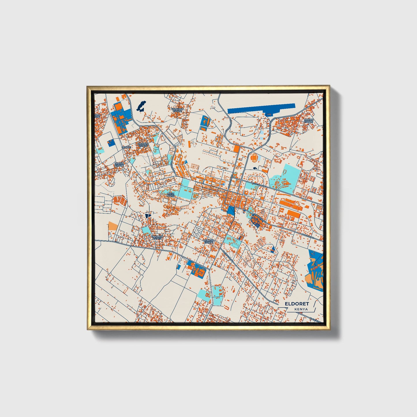 Eldoret Kenya Colorful City Map Canvas Print • Gold Framed