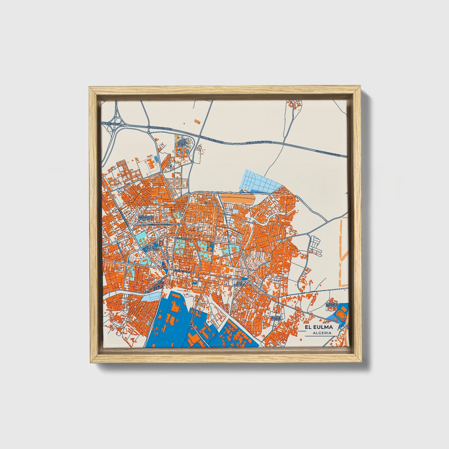 El Eulma Algeria Colorful City Map Canvas Print • Natural Wooden Framed