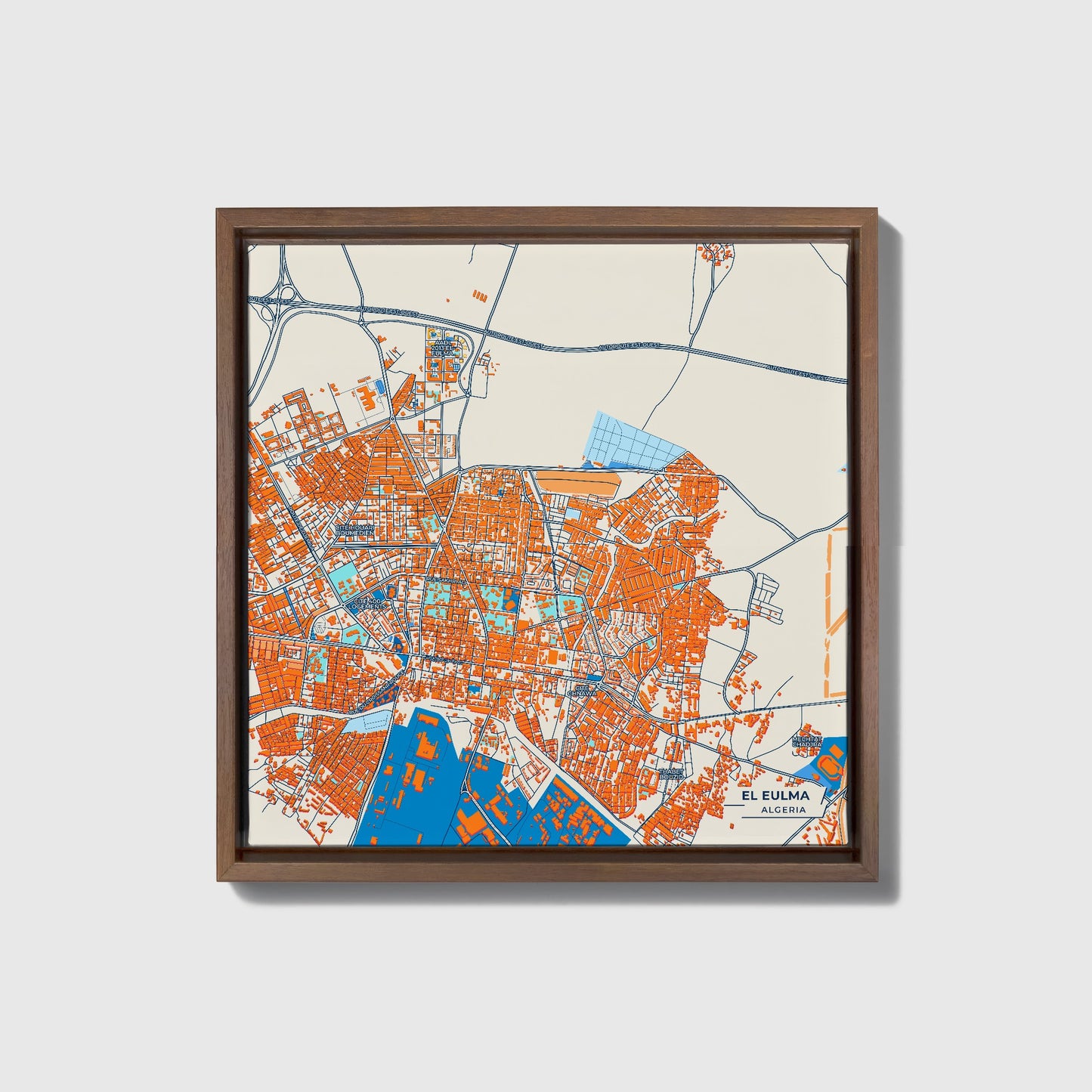 El Eulma Algeria Colorful City Map Canvas Print • Dark Wooden Framed