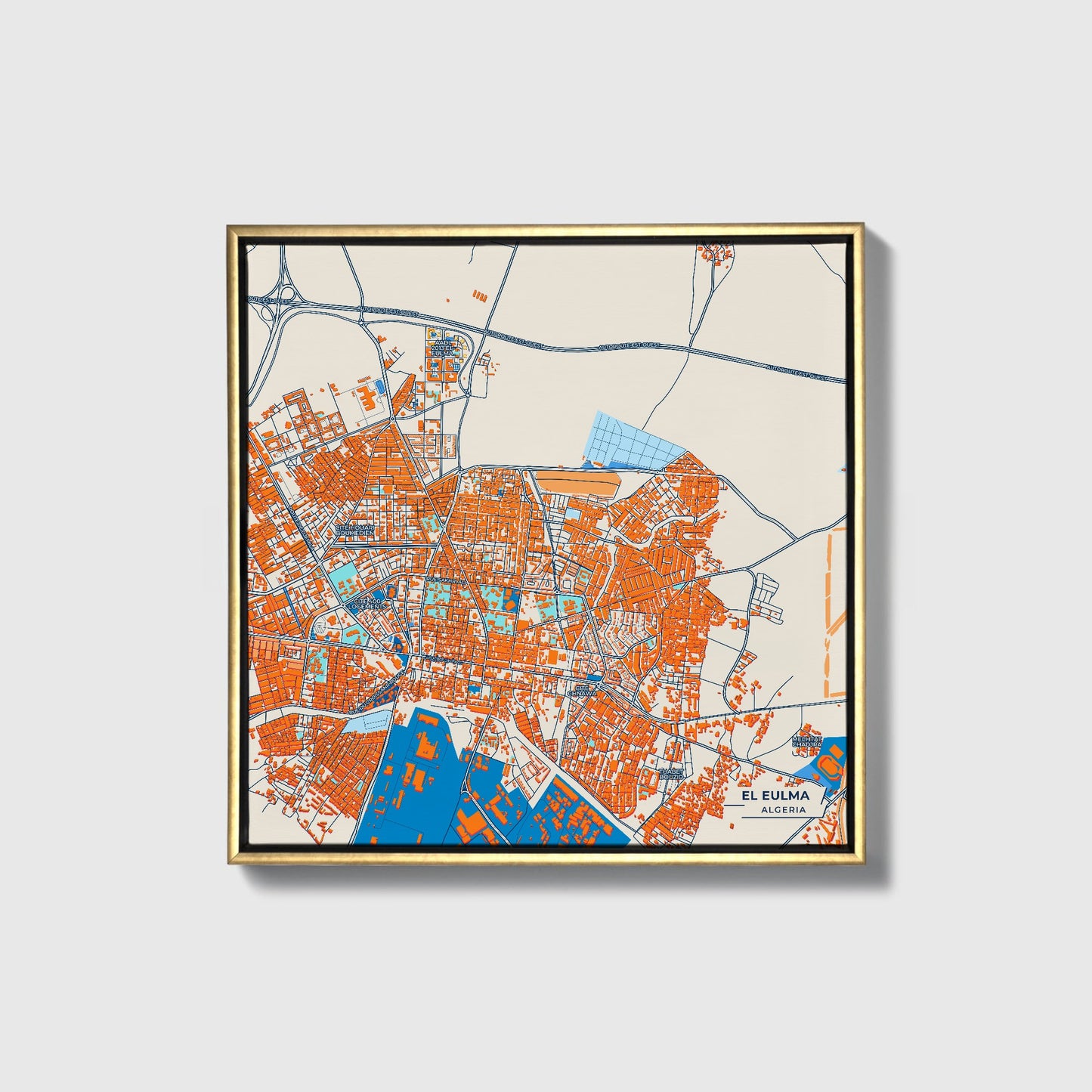 El Eulma Algeria Colorful City Map Canvas Print • Gold Framed