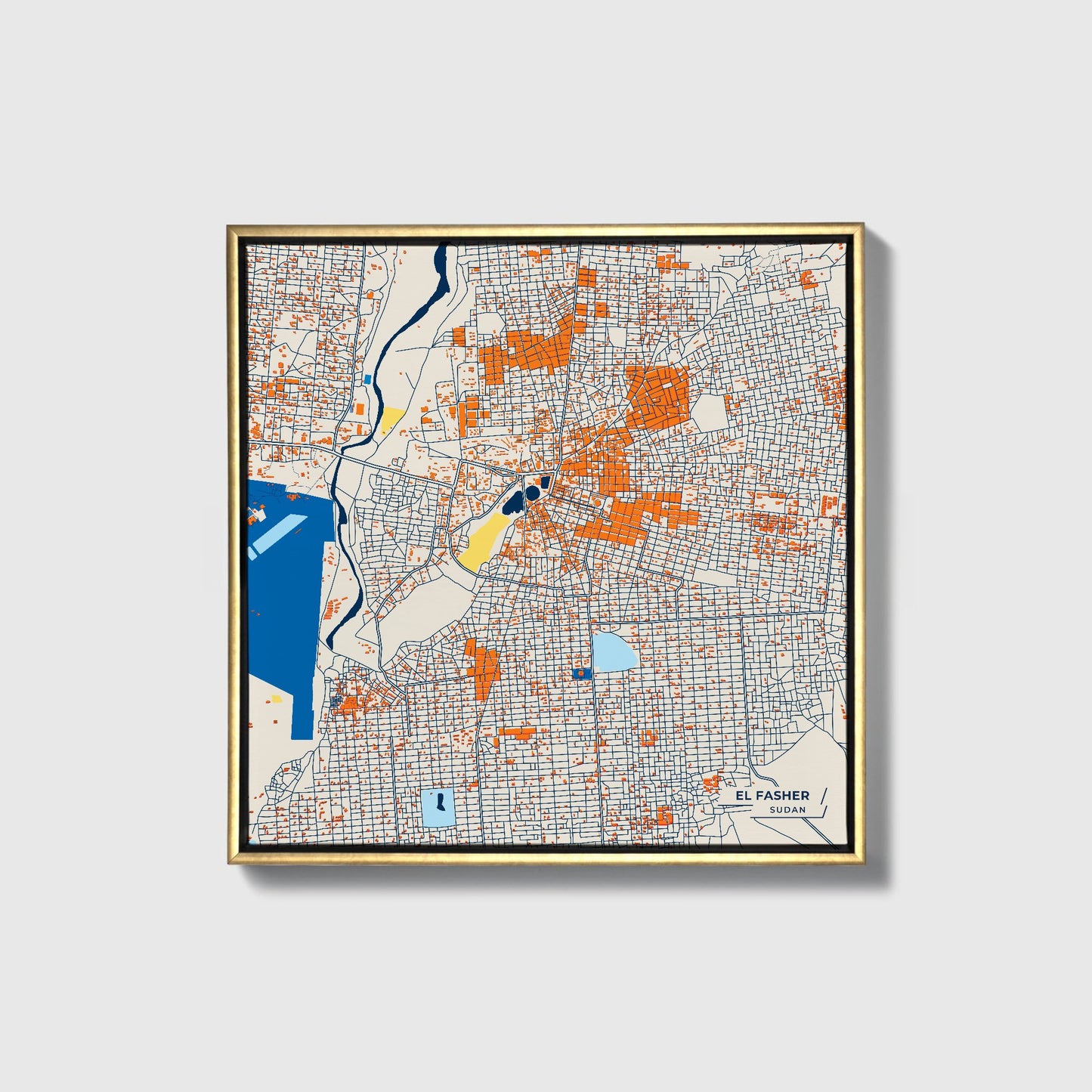 El Fasher Sudan Colorful City Map Canvas Print • Gold Framed