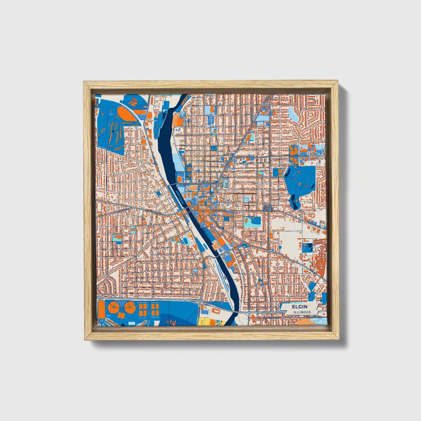 Elgin Illinois Colorful City Map Canvas Print • Natural Wooden Framed