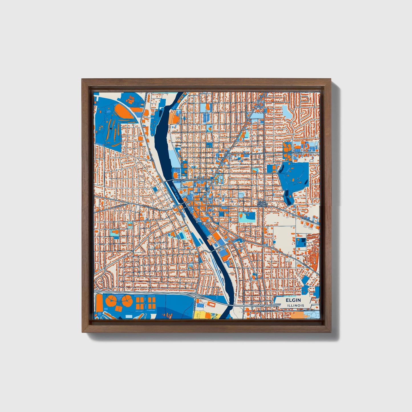 Elgin Illinois Colorful City Map Canvas Print • Dark Wooden Framed