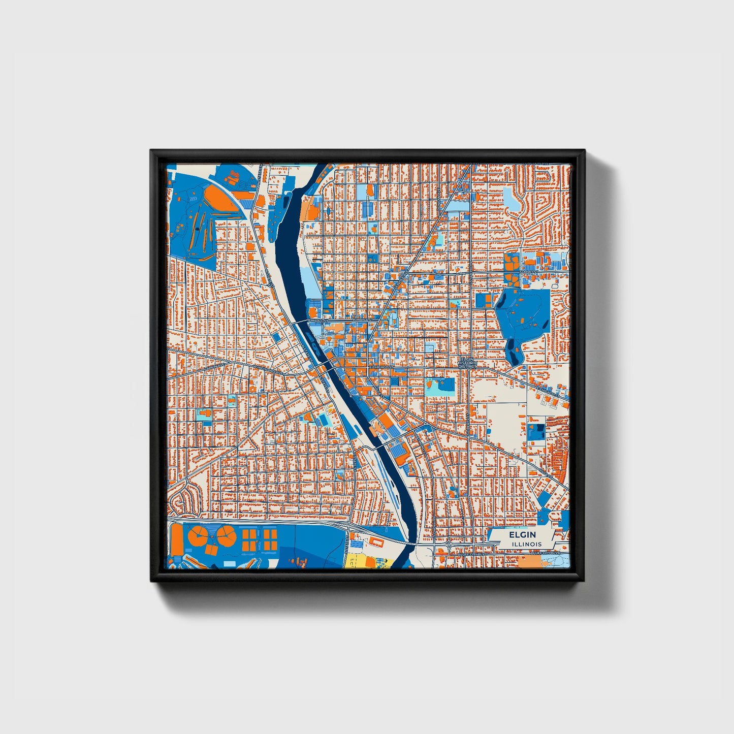 Elgin Illinois Colorful City Map Canvas Print • Black Framed