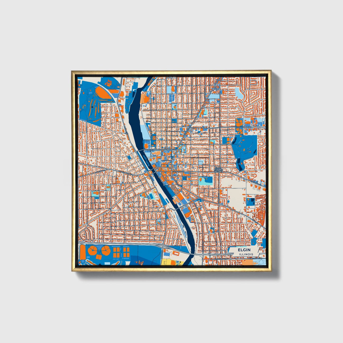 Elgin Illinois Colorful City Map Canvas Print • Gold Framed