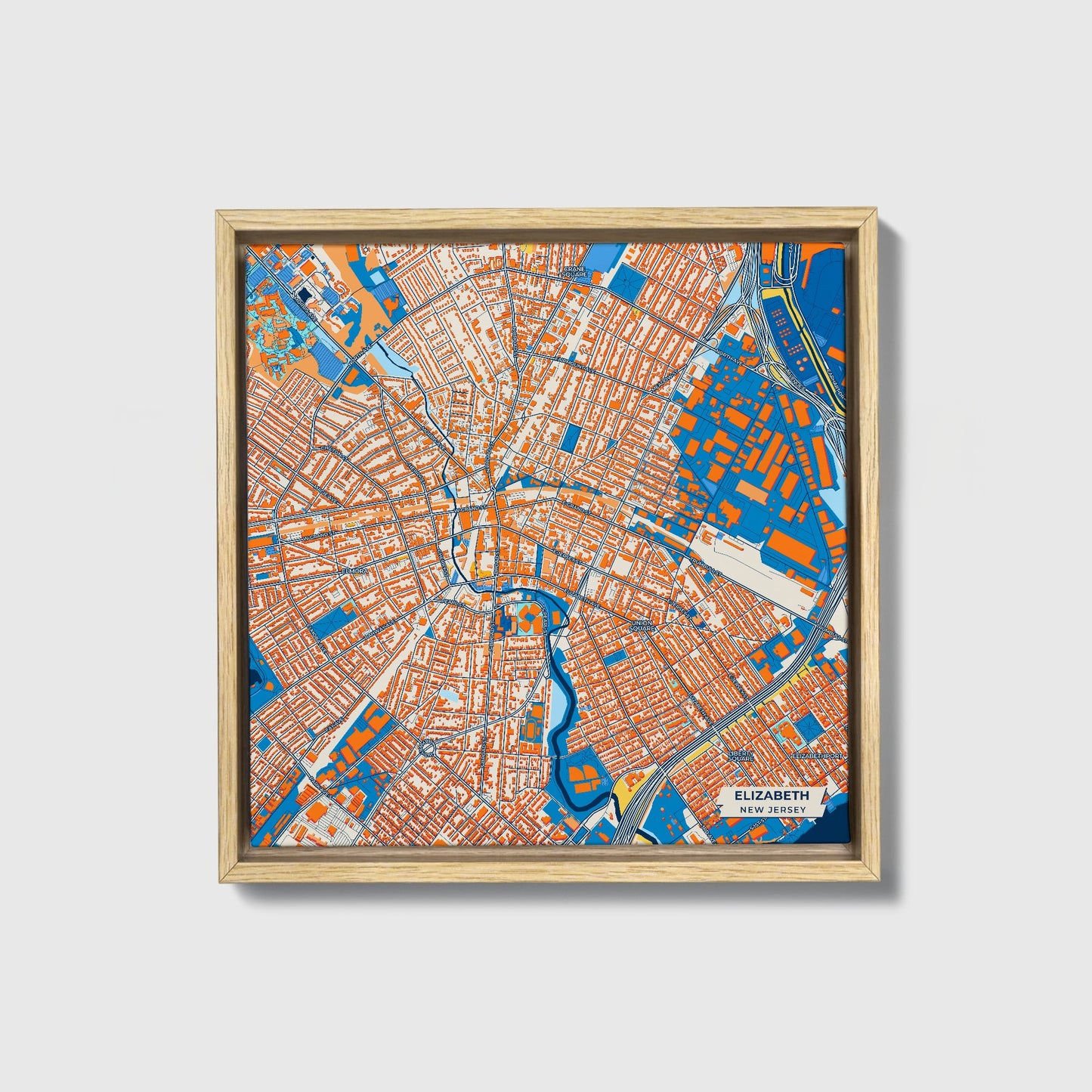 Elizabeth New Jersey Colorful City Map Canvas Print • Natural Wooden Framed