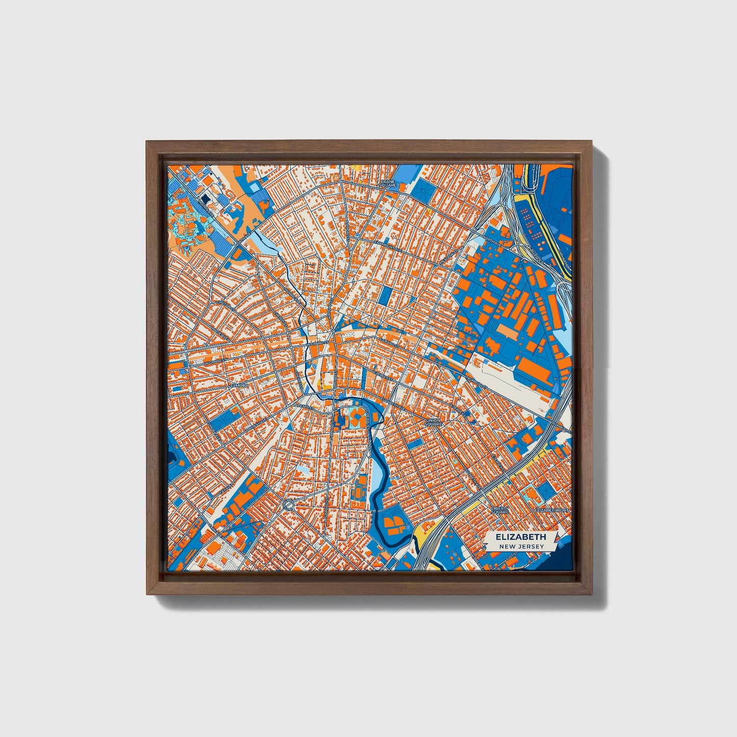 Elizabeth New Jersey Colorful City Map Canvas Print • Dark Wooden Framed