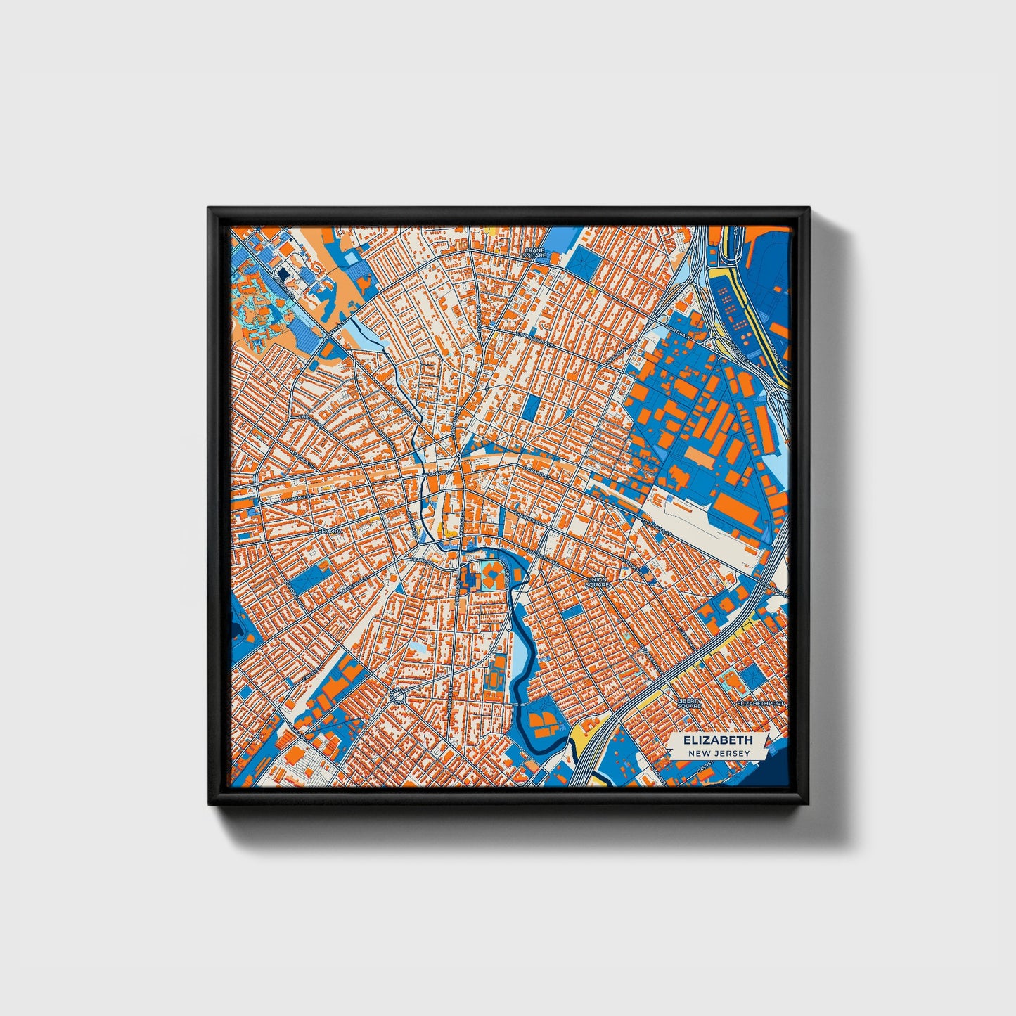 Elizabeth New Jersey Colorful City Map Canvas Print • Black Framed