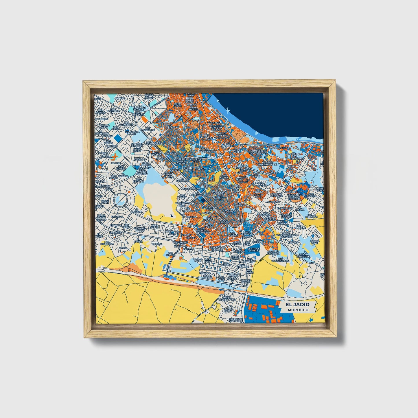 El Jadid Morocco Colorful City Map Canvas Print • Natural Wooden Framed