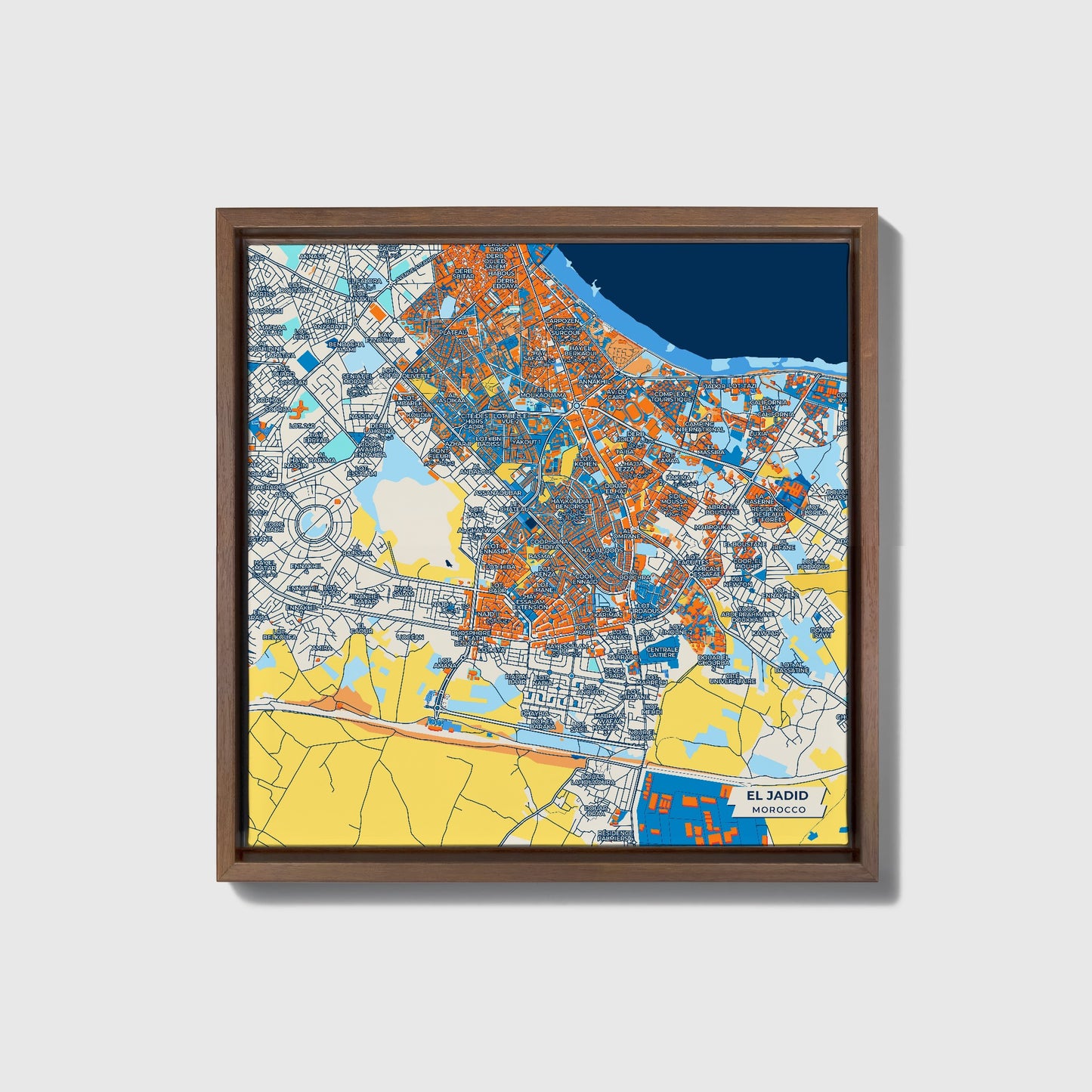 El Jadid Morocco Colorful City Map Canvas Print • Dark Wooden Framed