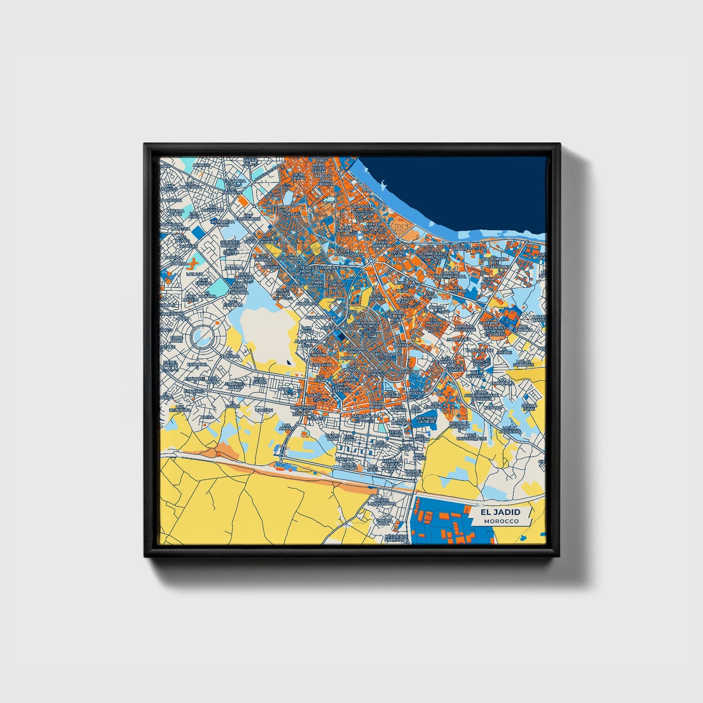 El Jadid Morocco Colorful City Map Canvas Print • Black Framed