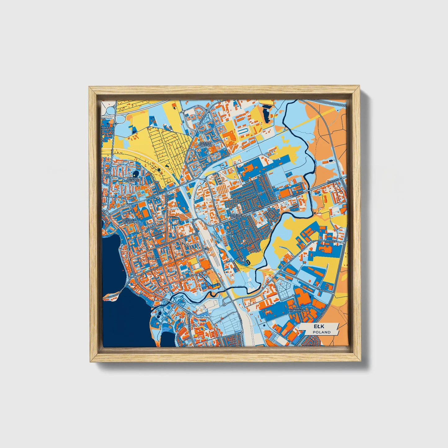 Ełk Poland Colorful City Map Canvas Print • Natural Wooden Framed