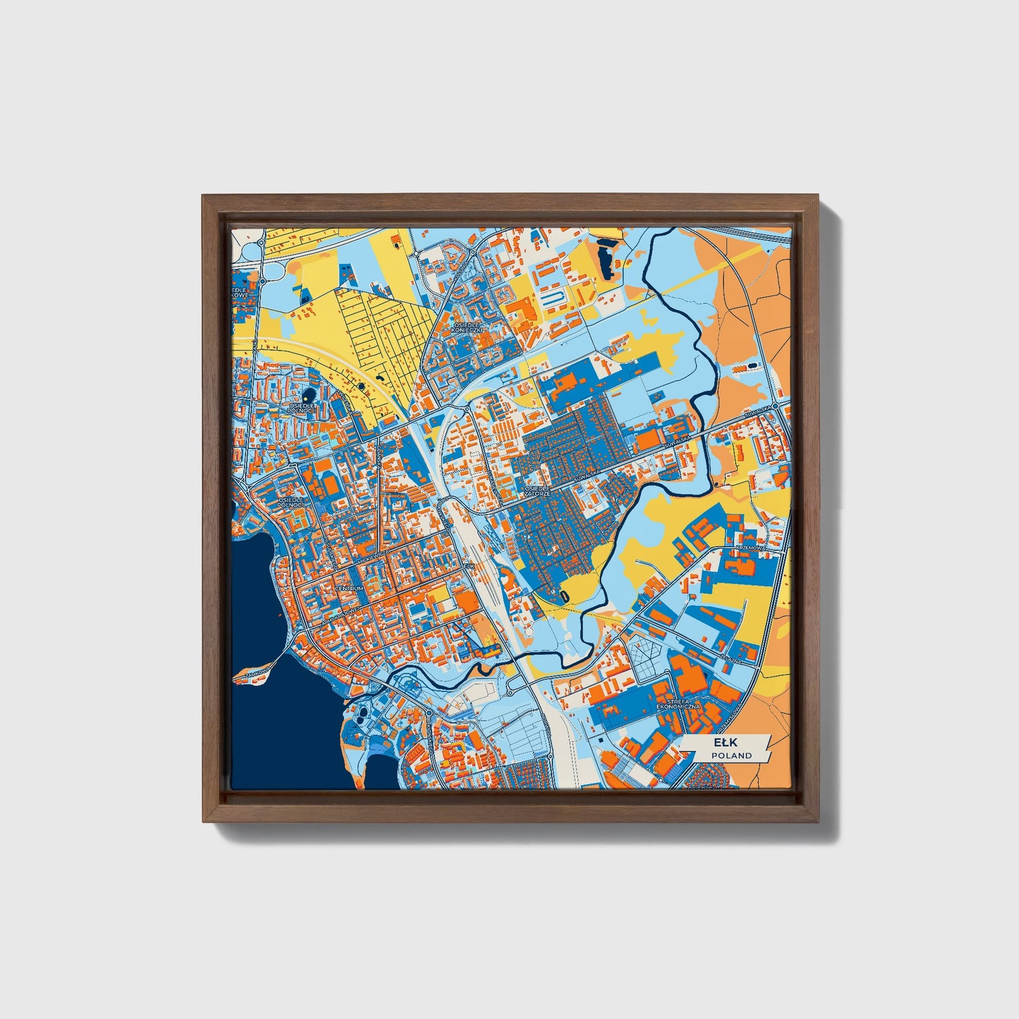 Ełk Poland Colorful City Map Canvas Print • Dark Wooden Framed