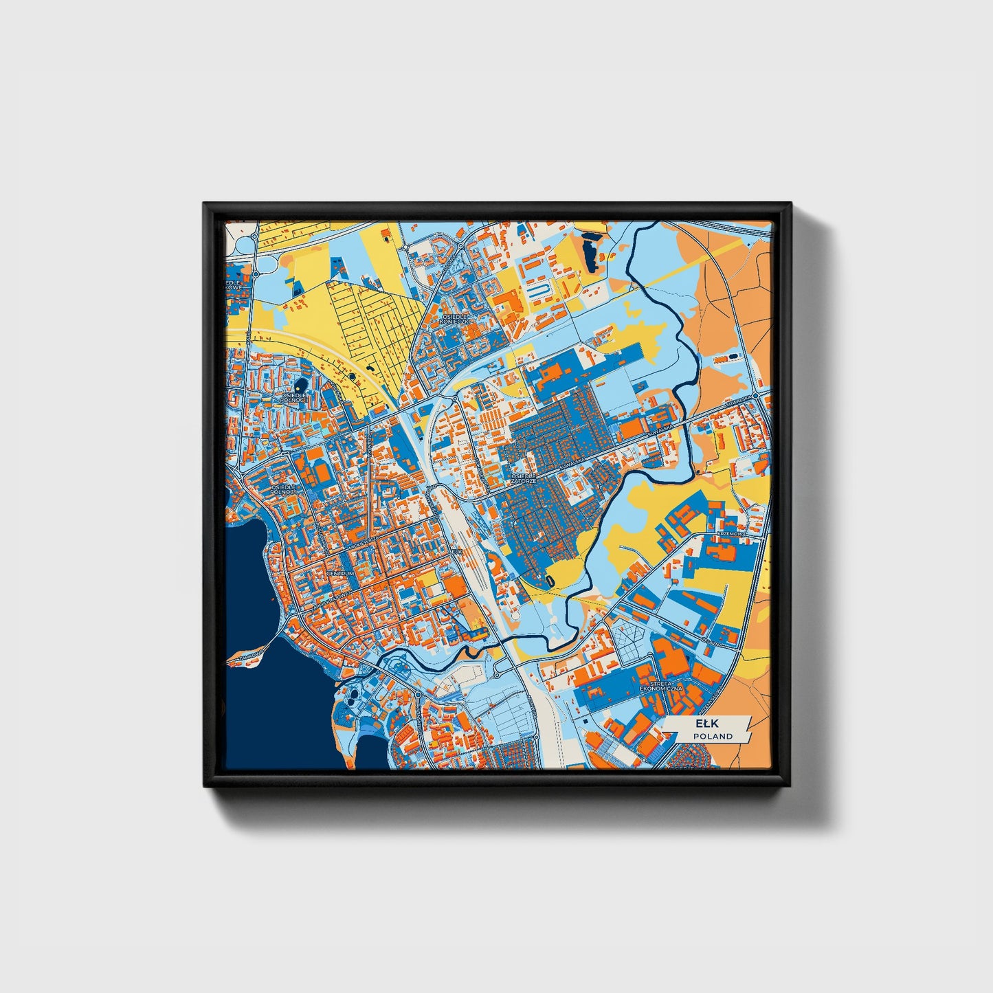 Ełk Poland Colorful City Map Canvas Print • Black Framed