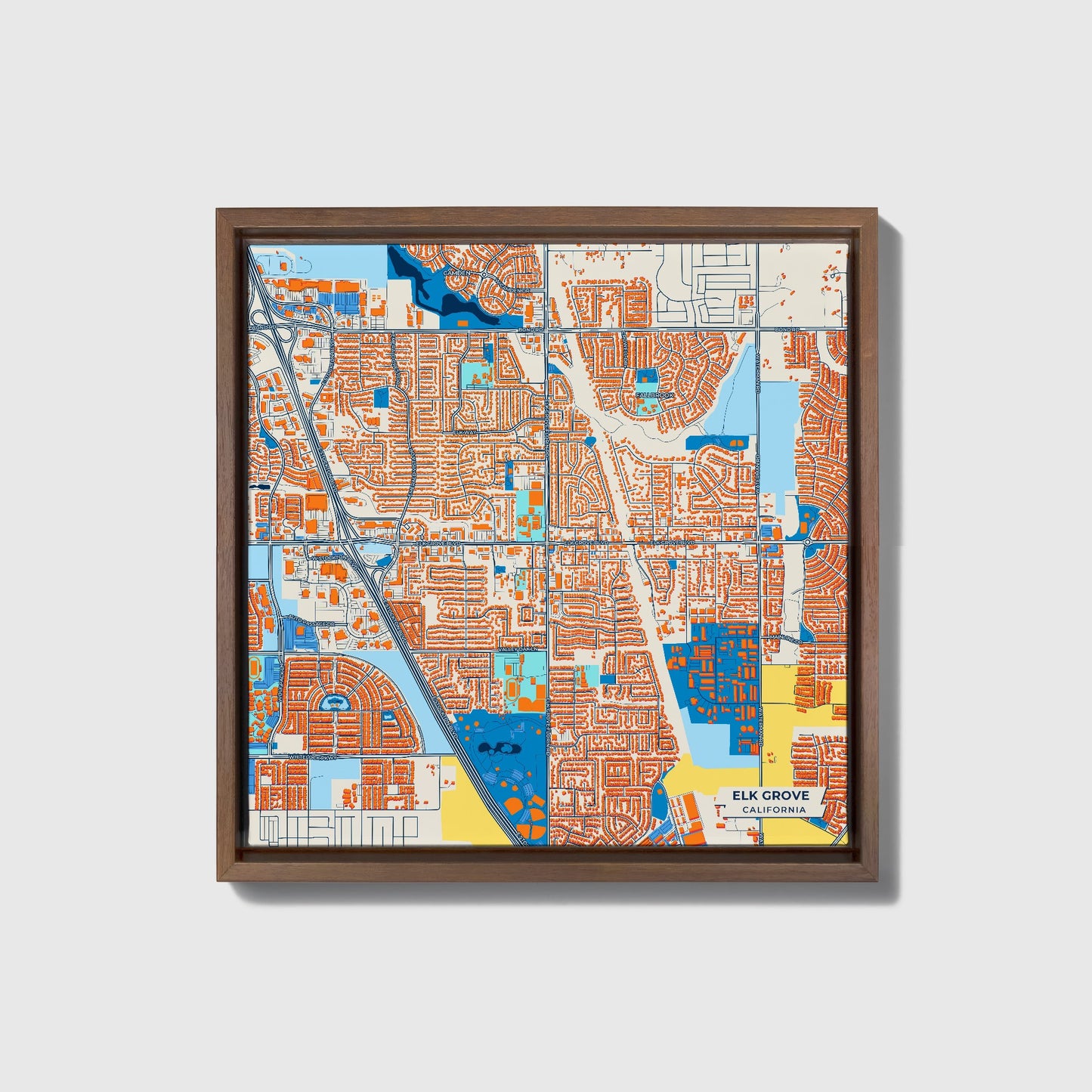 Elk Grove California Colorful City Map Canvas Print • Dark Wooden Framed