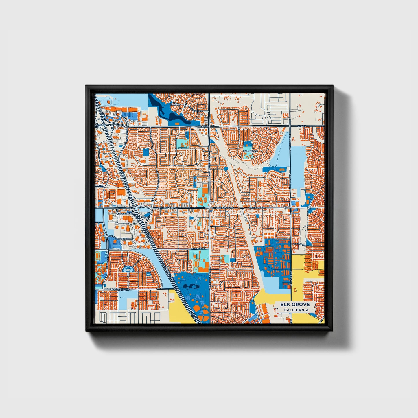 Elk Grove California Colorful City Map Canvas Print • Black Framed