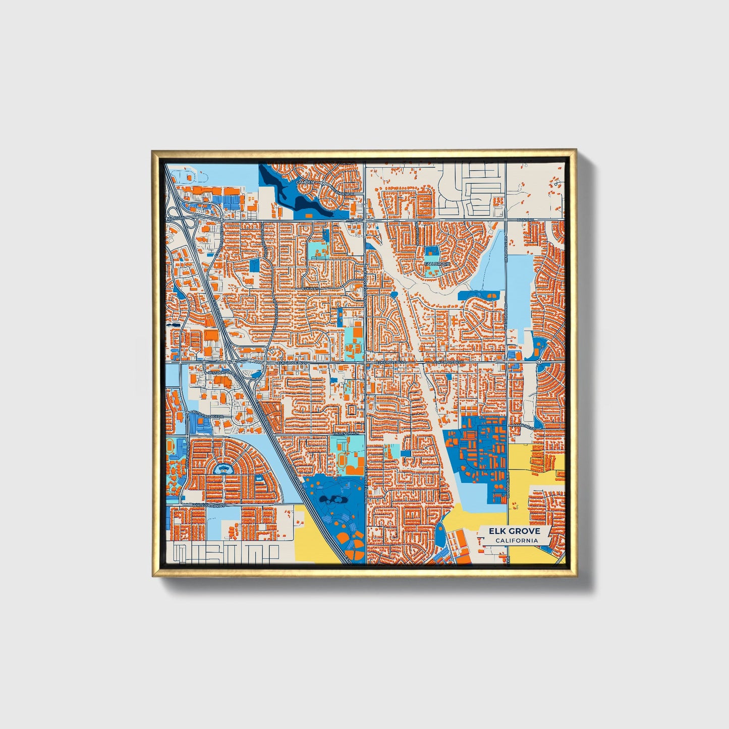 Elk Grove California Colorful City Map Canvas Print • Gold Framed