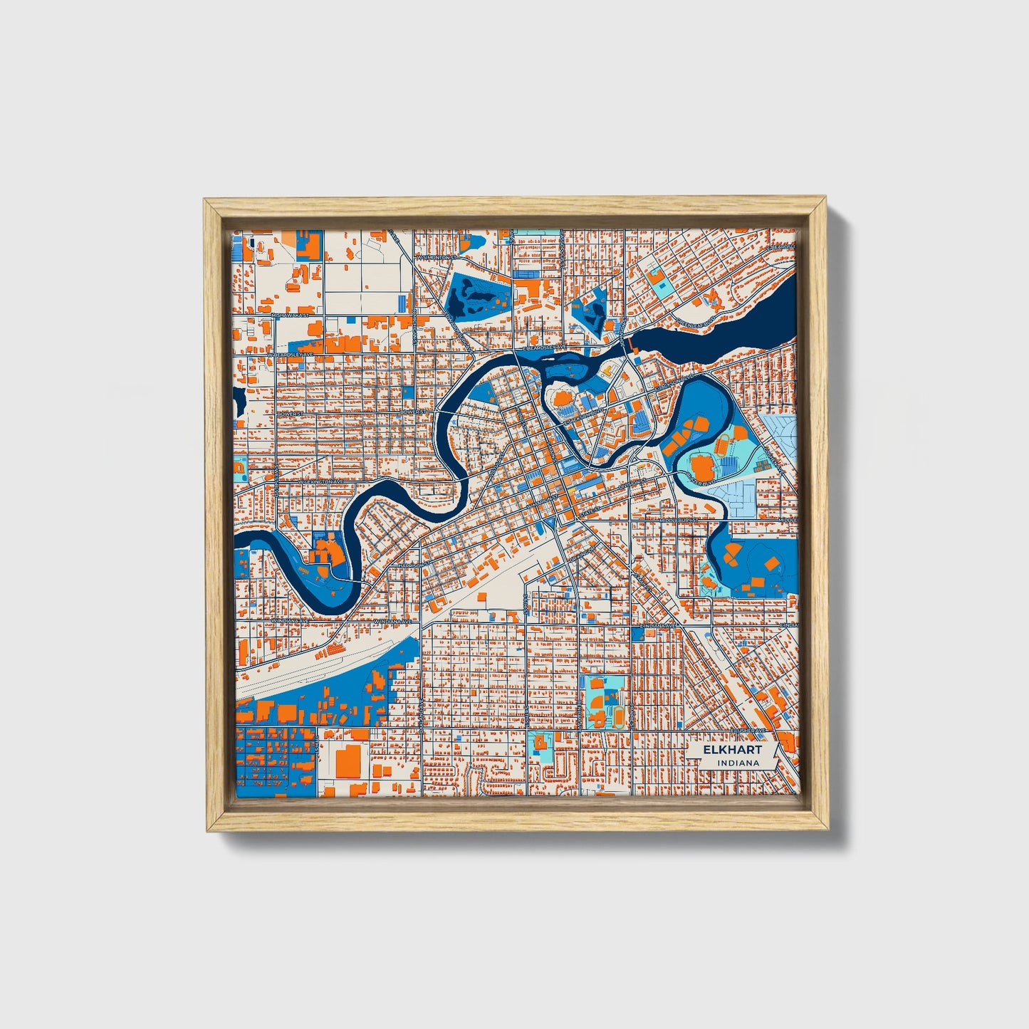 Elkhart Indiana Colorful City Map Canvas Print • Natural Wooden Framed